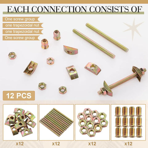 Four In One Bed Frame Connector Kit M8x100mm for Furniture Assembly includes bolts, nuts, long nuts, spacers in 12 sets