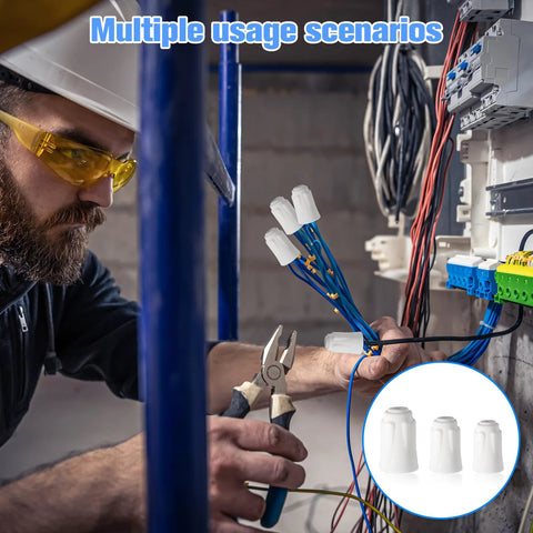 Ceramic wire nuts set, white high-temp connectors on blue wires; three sizes shown in electrical panel (30 pcs).