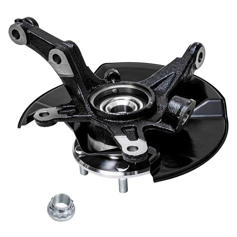 Front view of Front Wheel Hub Bearing And Steering Knuckle Assembly Kit For 2006 2011 Honda Civic with knuckle and hub.