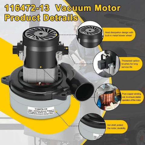 Front view of 116472-13 vacuum motor replacement; 2-stage, 5.7-inch, 112 CFM, black motor with metal housing