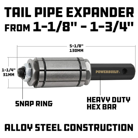 Tailpipe Expander Fits One Eighth To One And Three Quarters Inches Exhaust Pipe, alloy steel construction, front view with dimensions