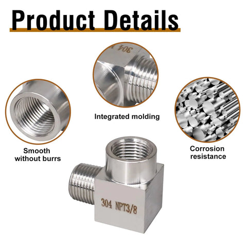 Napredak 90-degree NPT elbow fitting, 3/8 male to 3/8 female, stainless steel 304 forged street elbow