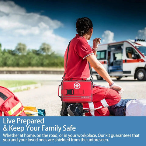 First responder with Comprehensive Home First Aid Kit With 324 Piece Medical Supplies for Emergency Trauma Car Camping outdoors.
