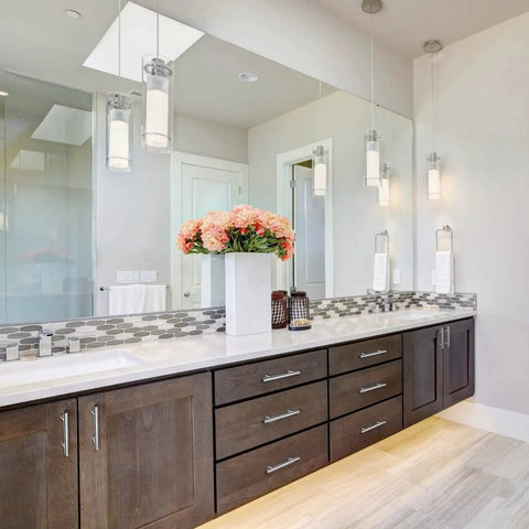 Bathroom vanity with 50 Pack 6 Inch Brushed Stainless Steel Cabinet Pulls with three and three quarters inches center to center spacing.