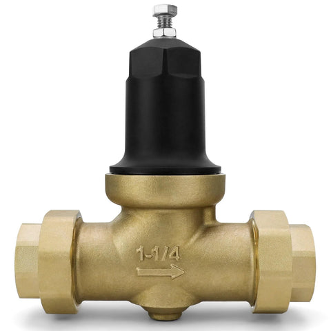 Brass pressure reducing valve with black adjustment knob and side union fittings, 1-1/4 inch NPT.