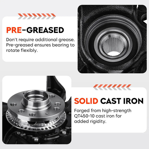 Front Steering Knuckle And Wheel Bearing Hub Assembly For Beetle, Golf, And Jetta With 280mm Rotor pre-greased close-up