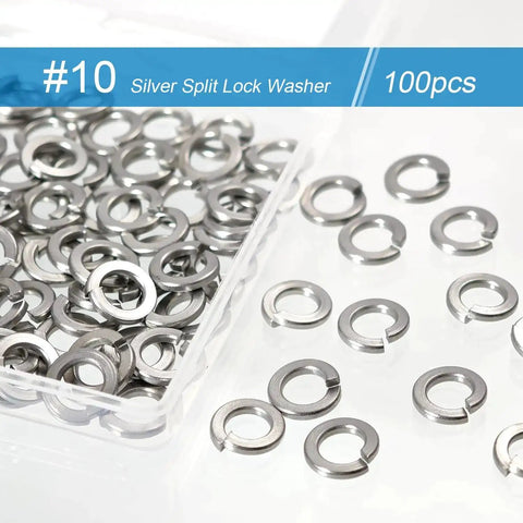 Set Of 100 No 10 Split Lock Washers For Rugged Jobs, 304 Stainless Steel With Silver Finish, Heavy Duty Spring Lock Washers