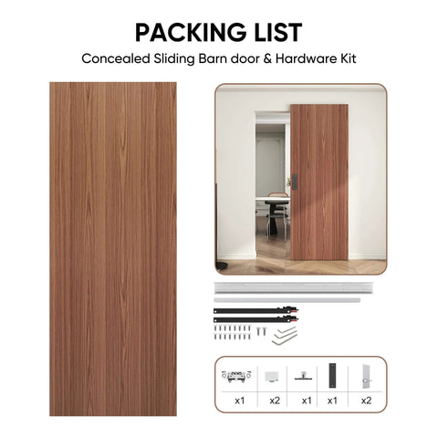 Concealed Sliding Barn Door With Soft Close Hardware Kit Brown Hidden Door for interior use with hidden rail and quiet sliding.