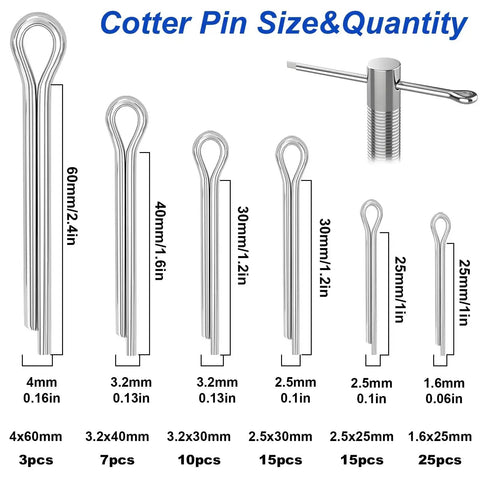 Diagram of cotter pin sizes from 135 Piece Cotter Pin Set 13 Sizes 304 Stainless Steel Assortment Kit For Trucks Hitches Trailers