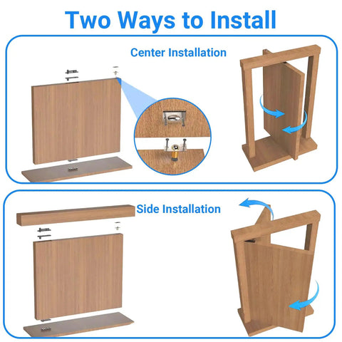 Two installation methods for Heavy Duty Hidden Door Hinge For Secret Doors Bookcase And Murphy Shelves With 570 Lb Load, 360 Degree Silent Rotation, Stainless Steel Construction, Corrosion Resistant, High Capacity Pivot For Hidden Doors By BEIYUANYA.