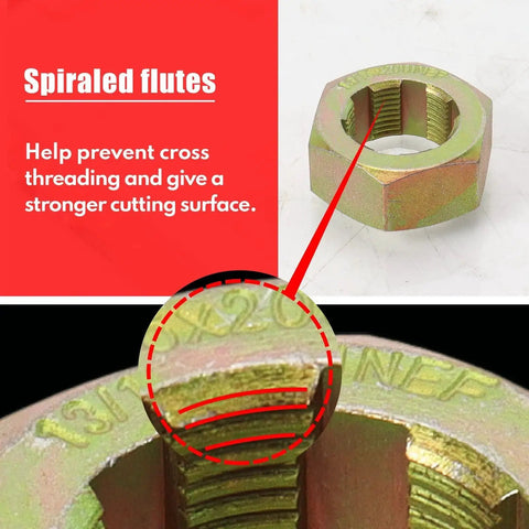 Close-up of spiraled flutes on Axle Spindle Thread Repair Kit With 10-Piece Wheel Stud Thread Chaser Set by BILITOOLS.