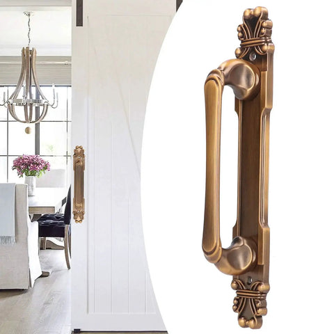 European Antique Zinc Alloy Door Handle for cabinets and drawers shown in detailed close-up, mounted on a white door.