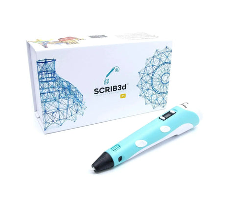 3D Printing Pen With Display And Starter PLA, Stencil Book Plus Project Guide, shown with packaging, front view.