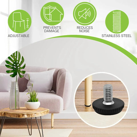 Stainless Steel Outdoor Furniture Levelers 5/16-18 Screw-In Adjustable Feet shown installed on chair leg in a living room setting with benefits icons.
