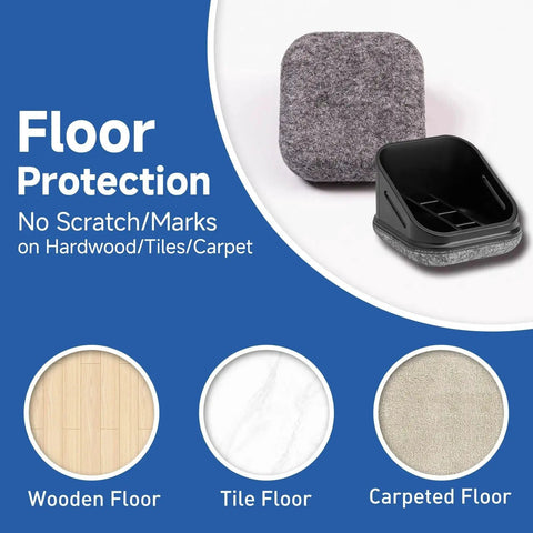 Five Pack Office Chair Caster Pads with Felt Backing for Scratch Prevention and Quiet Rolling, shown on various floor surfaces