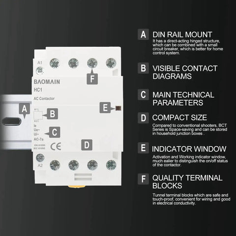 Heavy Duty 110V AC 4 Pole Contactor with Four Normally Open Contacts, 50A Rating, shown on DIN Rail Mount, side view