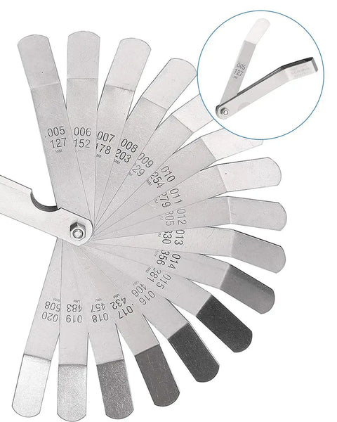 32 Blade Tapered Feeler Gauge Set In Stainless Steel With Dual Metric And SAE Markings For Valve Clearance And Thickness