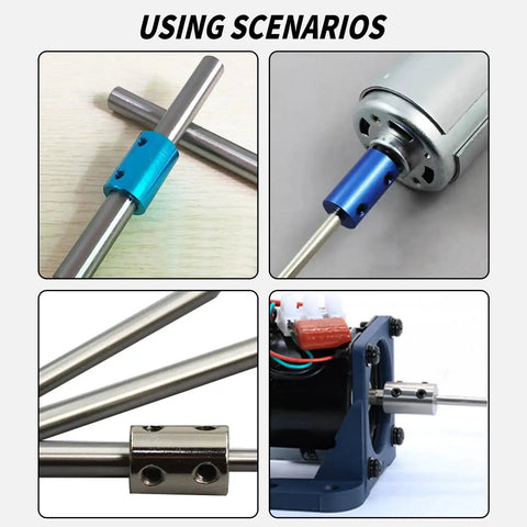 Various uses of Two Pack 6.35mm To 8mm Bore Rigid Shaft Coupler With M4 Set Screws Stainless Steel for 3D printers motors and projects