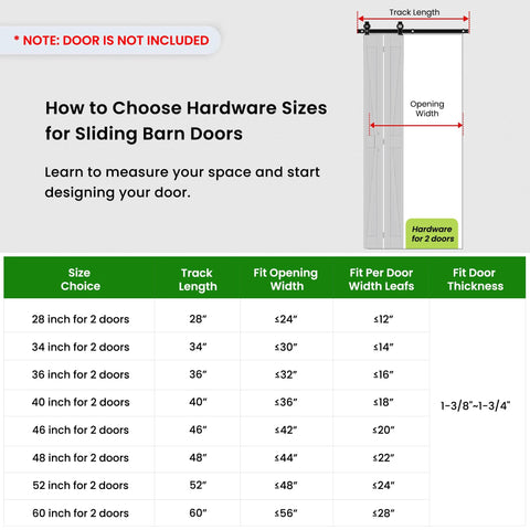 How to choose hardware sizes for sliding barn doors, chart with track length, opening width, and door thickness for 40 inch bifold sliding barn door hardware kit for double 18 inch doors, top mount bi folding track set, smooth quiet glide, black finish, ideal for closets, pantries, laundry rooms, and small spaces.