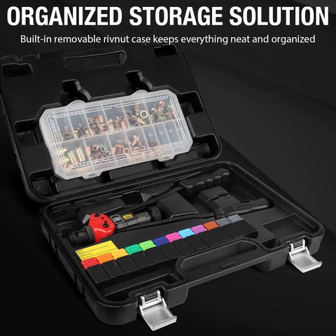 Rivet Nut Tool Kit 16 Inch With Toolless Head Change Includes 12 Metric And SAE Mandrels And 176 Piece Rivet Nut Assortment in open storage case