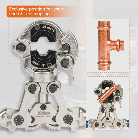 ProPress Copper Pipe Press Tool Kit With Cutter And Deburring Tool For Leak Free Connections On Half Inch Three Quarter Inch And One Inch Tubing Automatic Locking Crimper 360 Degree Rotating Head Extendable Handles Slip Proof Grips By IWISS, shown with metal press tool and copper pipe.
