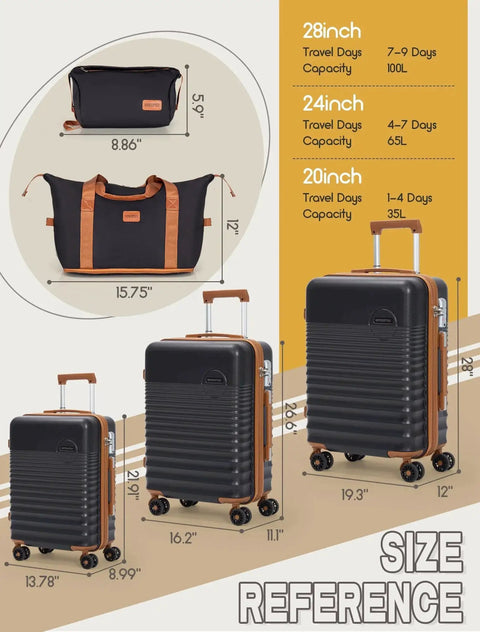 Five Piece Luggage Set With Wheels For Travel Including 20 Inch Carry On, 24 Inch Medium, 28 Inch Large Check-In, Extended Duffel Bag