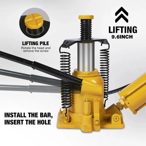 Low Profile 20 Ton Air Bottle Jack With Aluminum Pump And Slow Release, showing lifting mechanism and instructions.