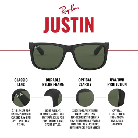 RB4165 Justin Unisex Rectangular Sunglasses With Lightweight Rubber Black Frame And Clear Lenses For Everyday Wear And Travel 55mm Eye Size Ideal For Narrow To Average Faces Comfortable All Day Wear shown with classic lens and features.