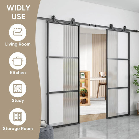 Two In One Double Barn Door Set 60 Inch By 84 Inch With 10 Ft Hardware Kit And Soft Close Reeded Glass Carbon Steel Frame Installed