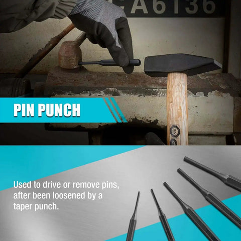 Pin punch tool in use from 18 Piece Punch And Chisel Set For Woodworking And Metalworking Pro Grade Tools For DIYers With Pin Center Nail Punches Alignment Tool Cold Chisels Chisel Gauge And Rolling Pouch