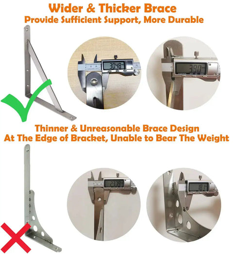 Heavy Duty Beefy Stainless Steel Shelf Brackets 16 By 12 Inches Max Load 550 Lb measurements and comparison with inferior bracket