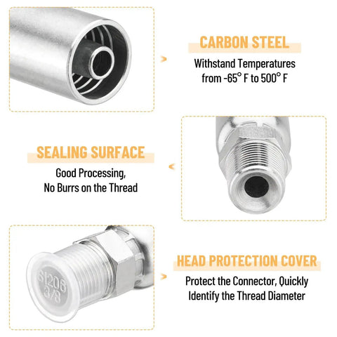Heavy Duty 12 Pack Hydraulic Hose Fittings For One Quarter Inch Inner Diameter Hoses And One Quarter Inch NPTF Male Ends With Protective Covers Crimp Fittings Kit close-up showing carbon steel materials, sealing surface, and head protection covers.