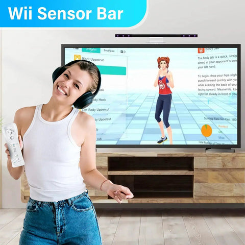 Woman using 4 In 1 Wii Cable Set Bundle for Nintendo Wii with HDMI Converter, Power Adapter, Wired Sensor Bar, AV Cable