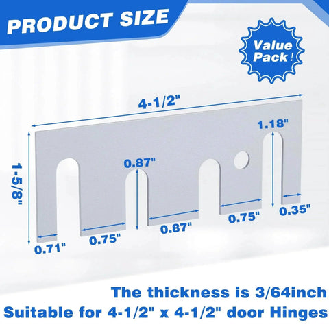 Diagram of Stainless Steel 16 Gauge Door Hinge Shims 4-1/2 In By 1-5/8 In with measurements for door hinge repair