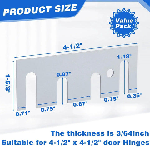 Diagram of a Sturdy 16 Gauge Stainless Steel Door Hinge Shim, 4 1/2 by 1 5/8 inch, showing dimensions and cutouts.