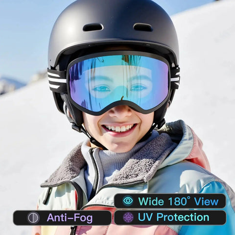 Kids Ski Goggles For Boys And Girls Ages 5 To 14 Safe TPU Frame Anti Fog Lenses with UV protection worn by child outdoors