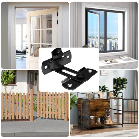2 Pack Black 90 Degree Stainless Steel Barn Door Latch With End Lock Hook For Privacy And Security, shown with door, window, and fence