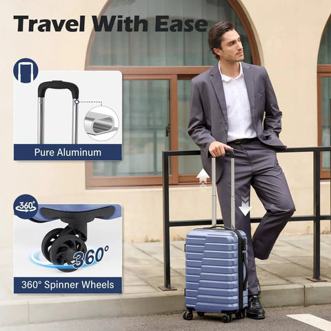 Man with Three Piece Hard Shell Luggage Set With Spinner Wheels And Expandable Large 28 Inch Suitcase in Bright Blue