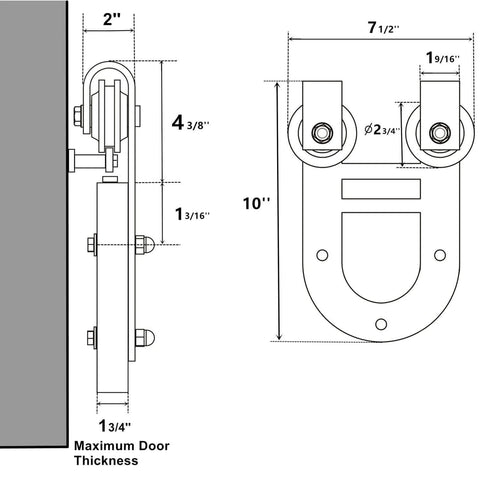 Diagram of Black Rustic Non Bypass Sliding Barn Door Hardware Kit For One Door With 8 Foot Flat Track And House Shoe Rollers Built Tough