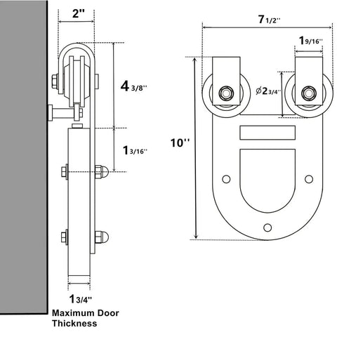 Diagram of Black Rustic Non Bypass Sliding Barn Door Hardware Kit For One Door With 6 Ft Flat Track And Horseshoe Design Rollers.