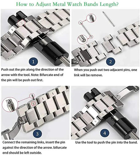 Watch Band Link Removal Kit For Metal And Stainless Steel Bands Pro Grade Tool Free Sizing Pin Remover in use to adjust band size