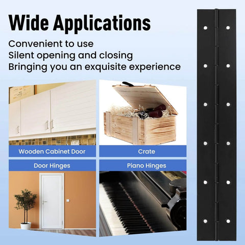 Image showing applications of a heavy duty 12 inch piano hinge in black 304 stainless steel with wide use for cabinets and crates.