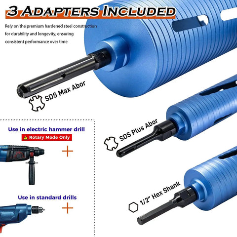 Three blue core drill bits showing SDS Max, SDS Plus, and 1/2" Hex shank adapters from Dry Core Drill Bit Kit For Brick And Masonry 2 Inch OD With 9.5 Inch Depth Includes SDS Plus SDS Max And 1/2 Inch Hex Shank Adapters 5/8-11 Thread DaduoRi.