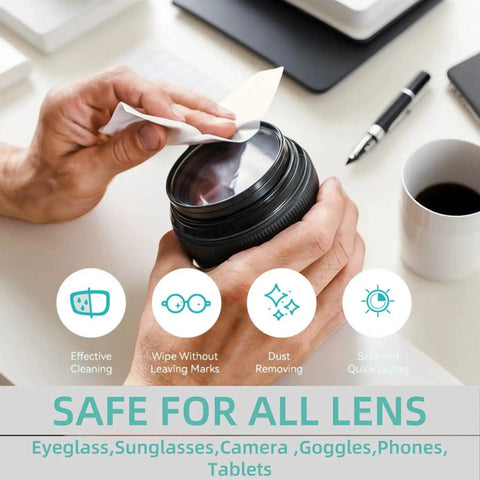 Person using Large Lens Wipes 5.1x5.9 400 Count Pre Moistened for eyeglasses and devices to clean camera lens.