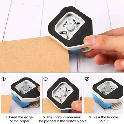 Close-up of a hand using Your Must Have Go To Three Way Corner Rounder Punch 4mm 7mm 10mm 3 In 1 Corner Cutter for paper crafting.