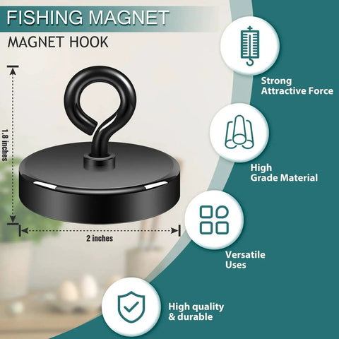Heavy Duty Fishing Magnet 2 Inch Eyebolt Neodymium 350 Pound Lifting Handle with dimensions and features highlighted