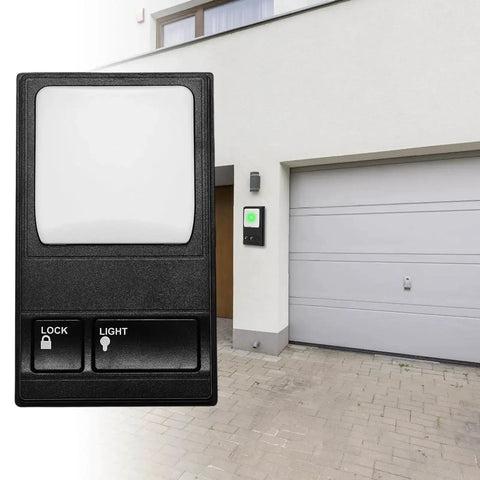 Wall Mount Garage Door Control Panel Switch For Plug And Play Opener Setup with lock and light buttons next to garage.
