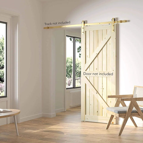 Brushed Brass Gold Barn Door Rollers Kit For Interior Closet And Pantry Doors A Heavy Duty Sliding Hardware Set For 1 3 8 Inch And 1 3 4 Inch Panels Built To Last Up To 170 Lbs Track Not Included Set Of 2 installed view in modern room