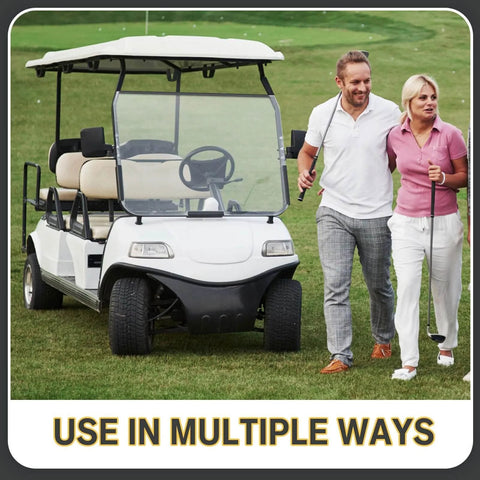Couple walking beside a golf cart on a grassy field with text 'USE IN MULTIPLE WAYS' below