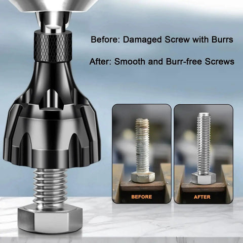 Deburring External Chamfer Tool With Tungsten Carbide Blades For Copper Steel And Aluminum in use, showing before and after bolt results.